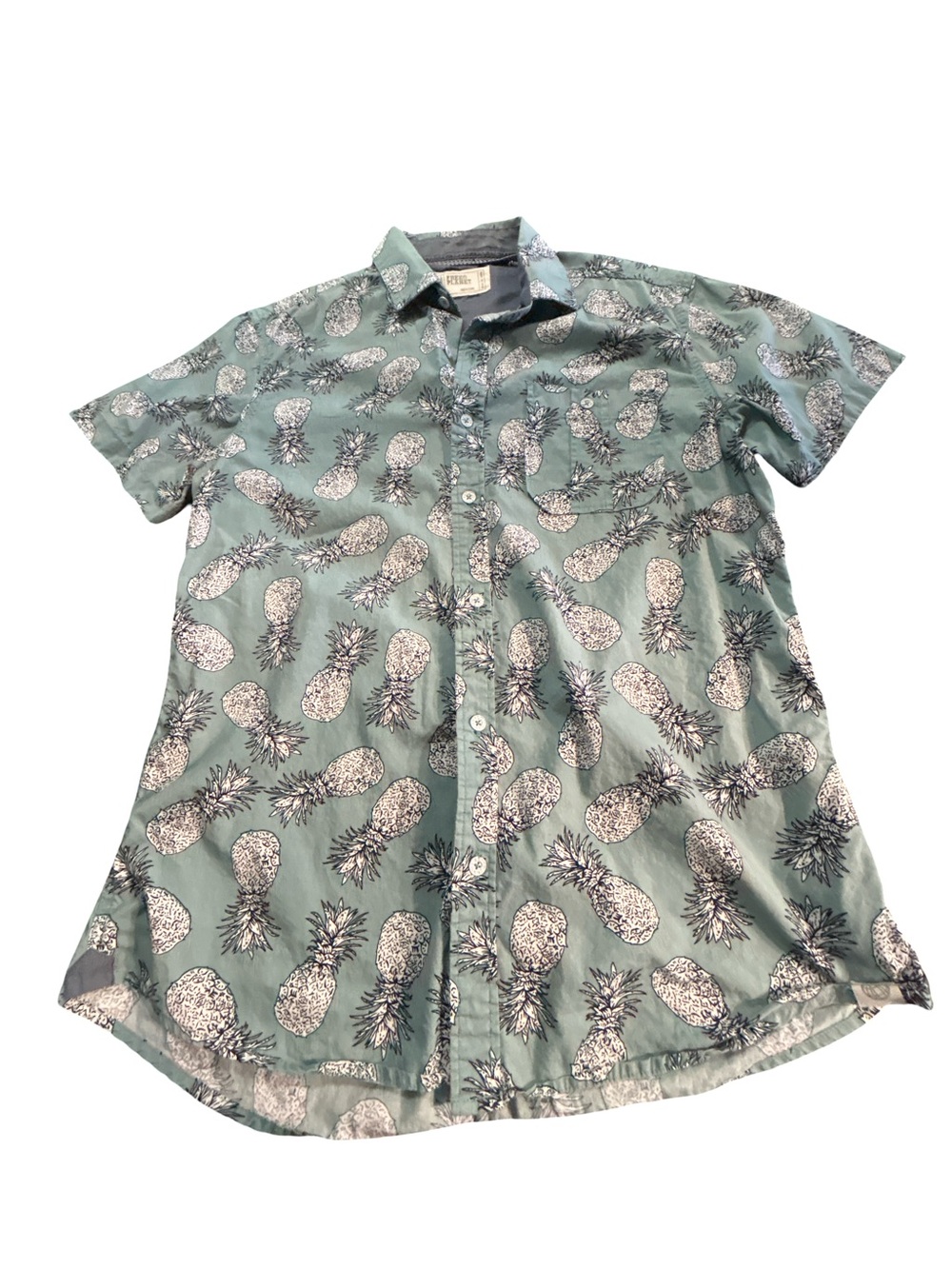 Free Planet Men’s Pineapple Print Button Down Shirt - Blue Green - Size Medium